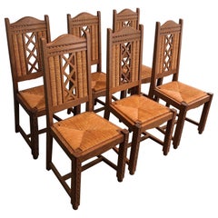Set of 6 Brutalist Chairs Made of Ash and Straw, French Work, Circa 1950