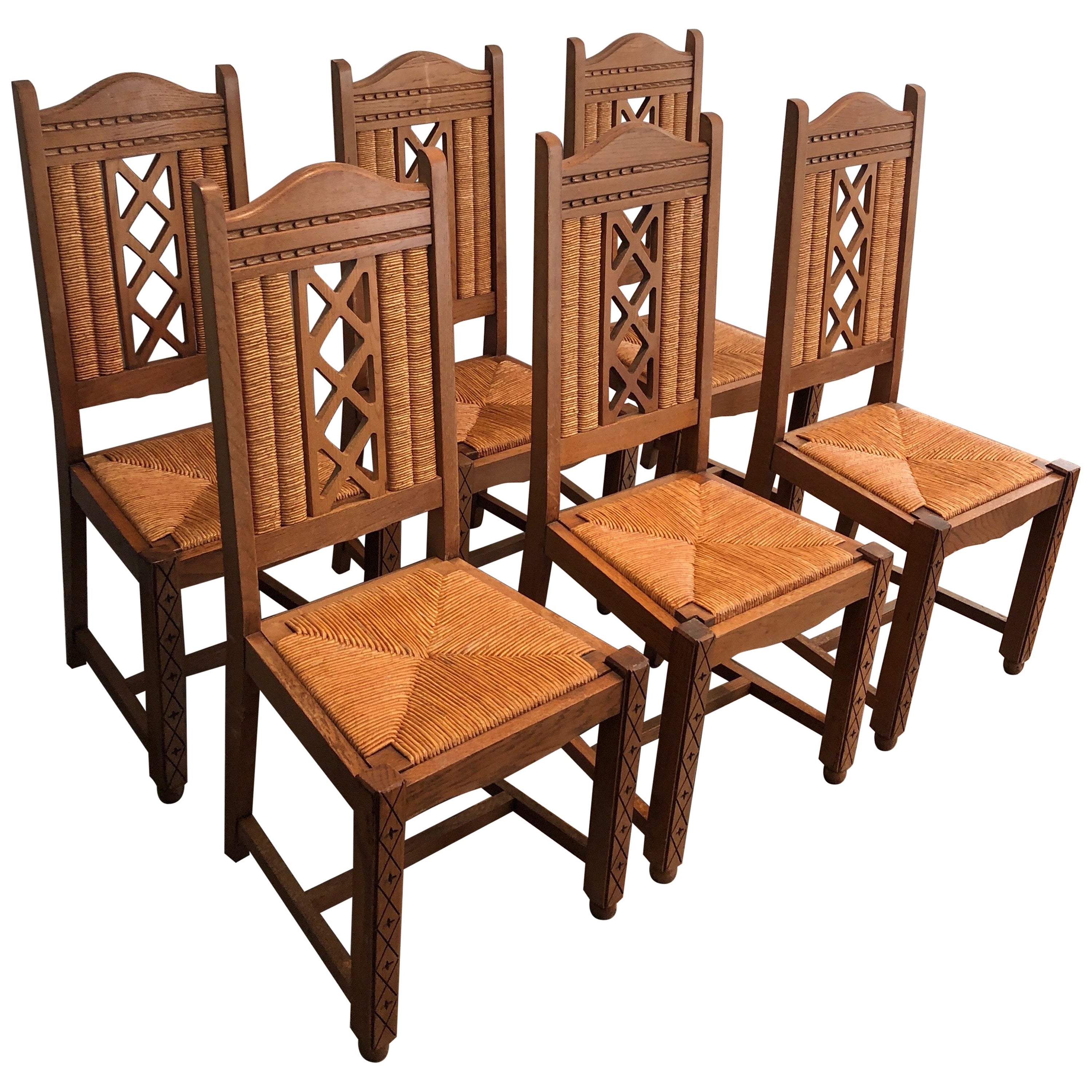 Set of 6 Brutalist Chairs Made of Ash and Straw, French Work, Circa 1950
