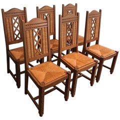Vintage Set of 6 Brutalist Chairs Made of Ash and Straw, French Work, Circa 1950