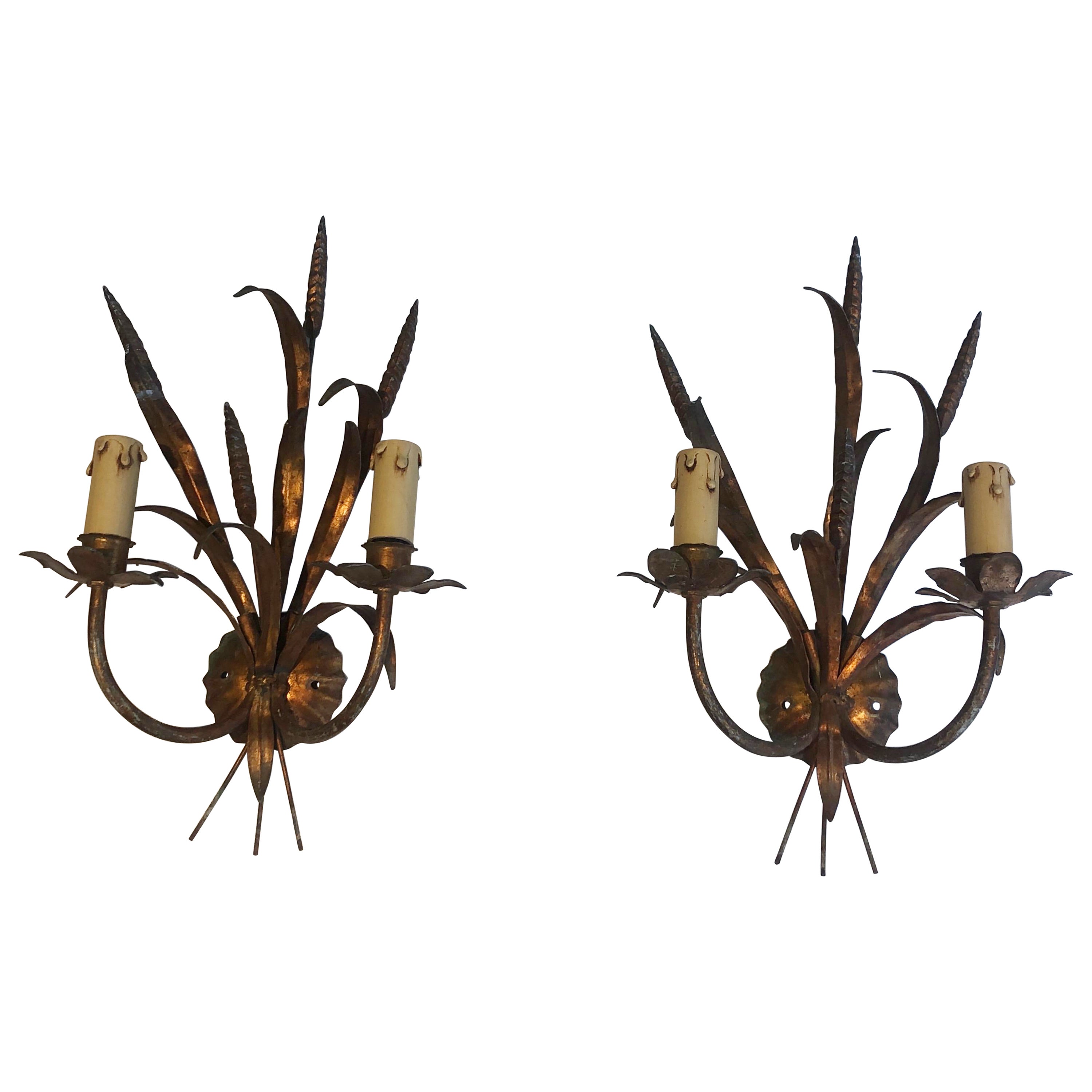 In the Style of Coco Channel, Pair of Gilt Metal Ears of Wheat Wall Sconces