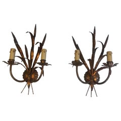 Vintage In the Style of Coco Channel, Pair of Gilt Metal Ears of Wheat Wall Sconces