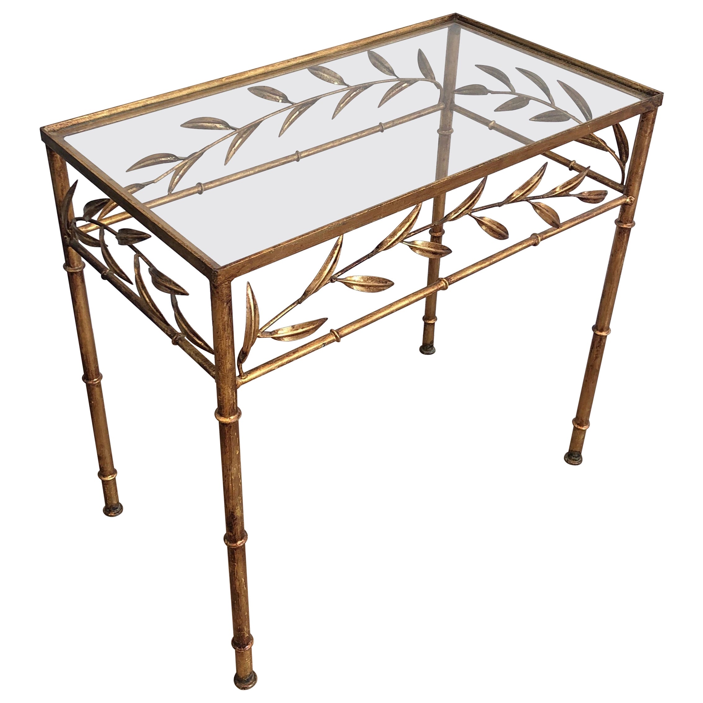 Gilt Metal Small Table with Leaves and Faux-Bamboo Feet