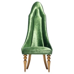 Hollywood Regency High Back “Lipstick” Chair in Green Velvet and Gold Leaf