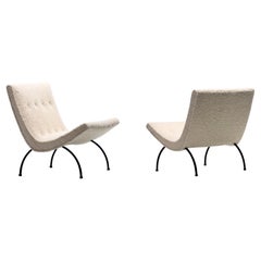 Pair of Milo Baughman Scoop Chairs in Ivory Bouclé with Iron Legs c. 1950s