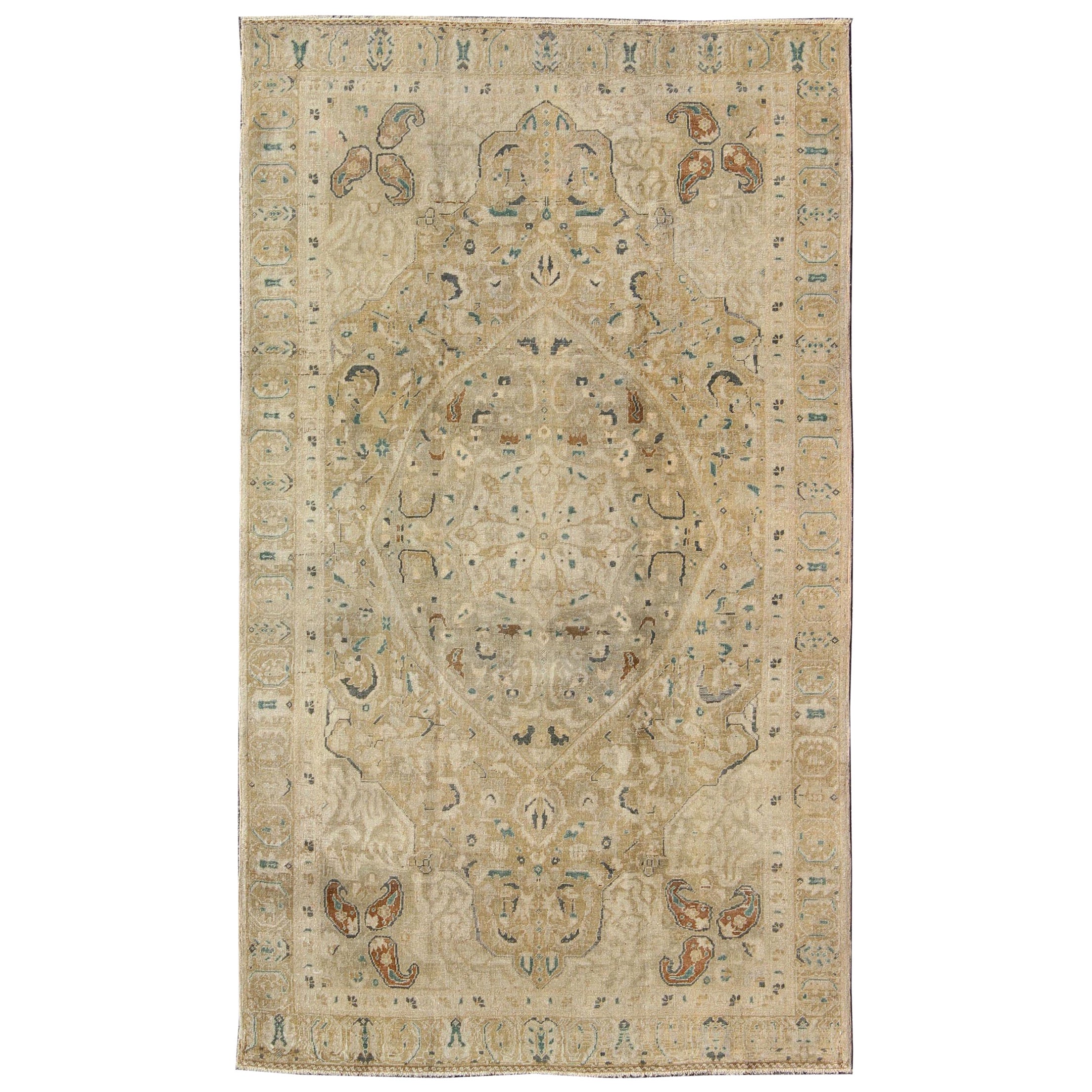 Very Fine Turkish Sivas Rug with Classic Design in Neutrals, Camel and Green For Sale