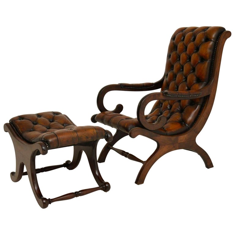 Antique Regency Style Leather Armchair and Stool For Sale at 1stDibs