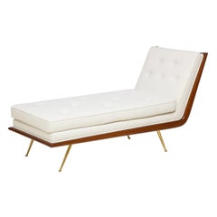 T.H. Robsjohn-Gibbings Attributed Rare Chaise Lounge in Ivory Bouclé and Walnut