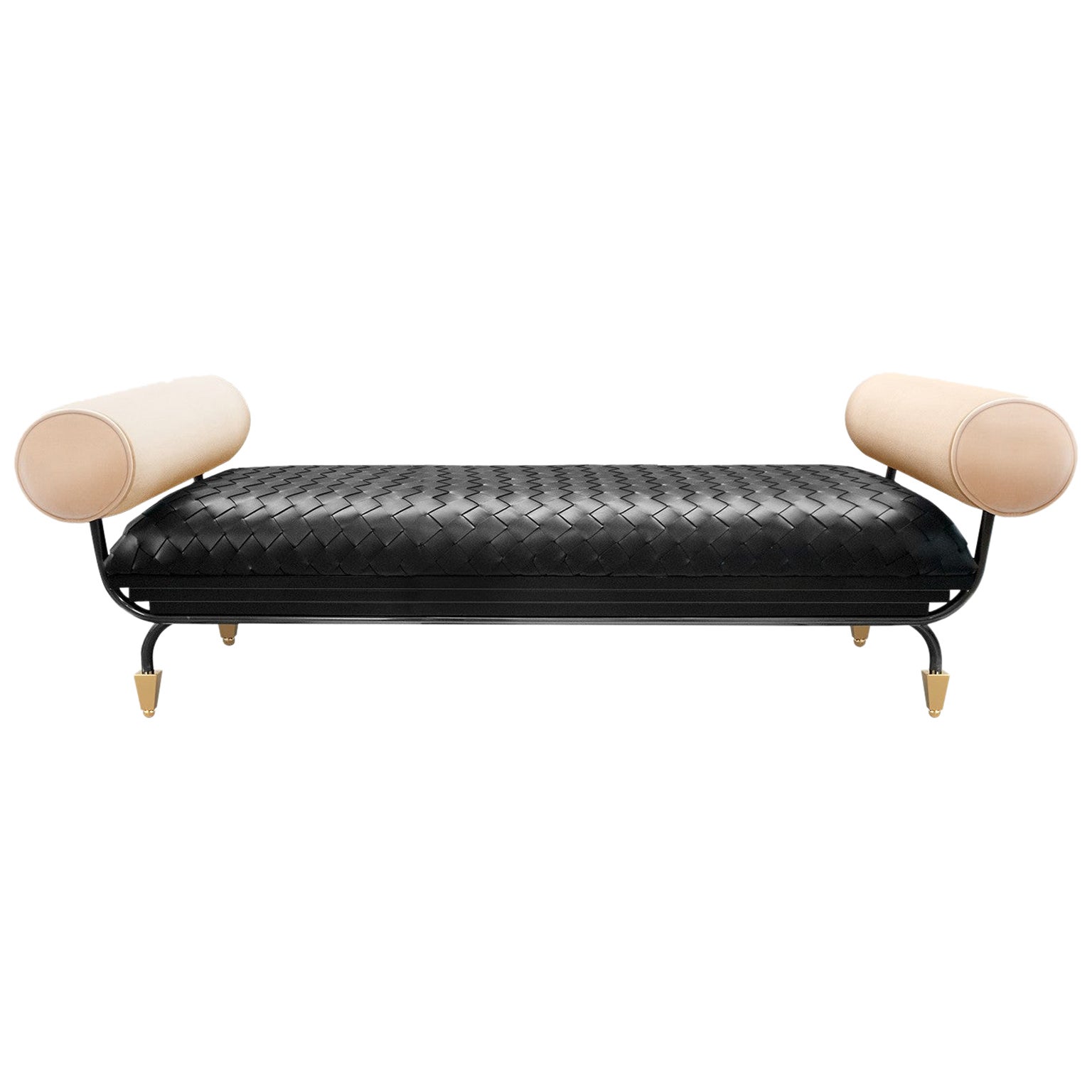 Modern Black Braided Leather Bench W/ Suede Arms & Polished Brass Legs
