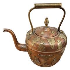 Mid 19th Century English Form Copper Kettle with Brass Floral Decoration