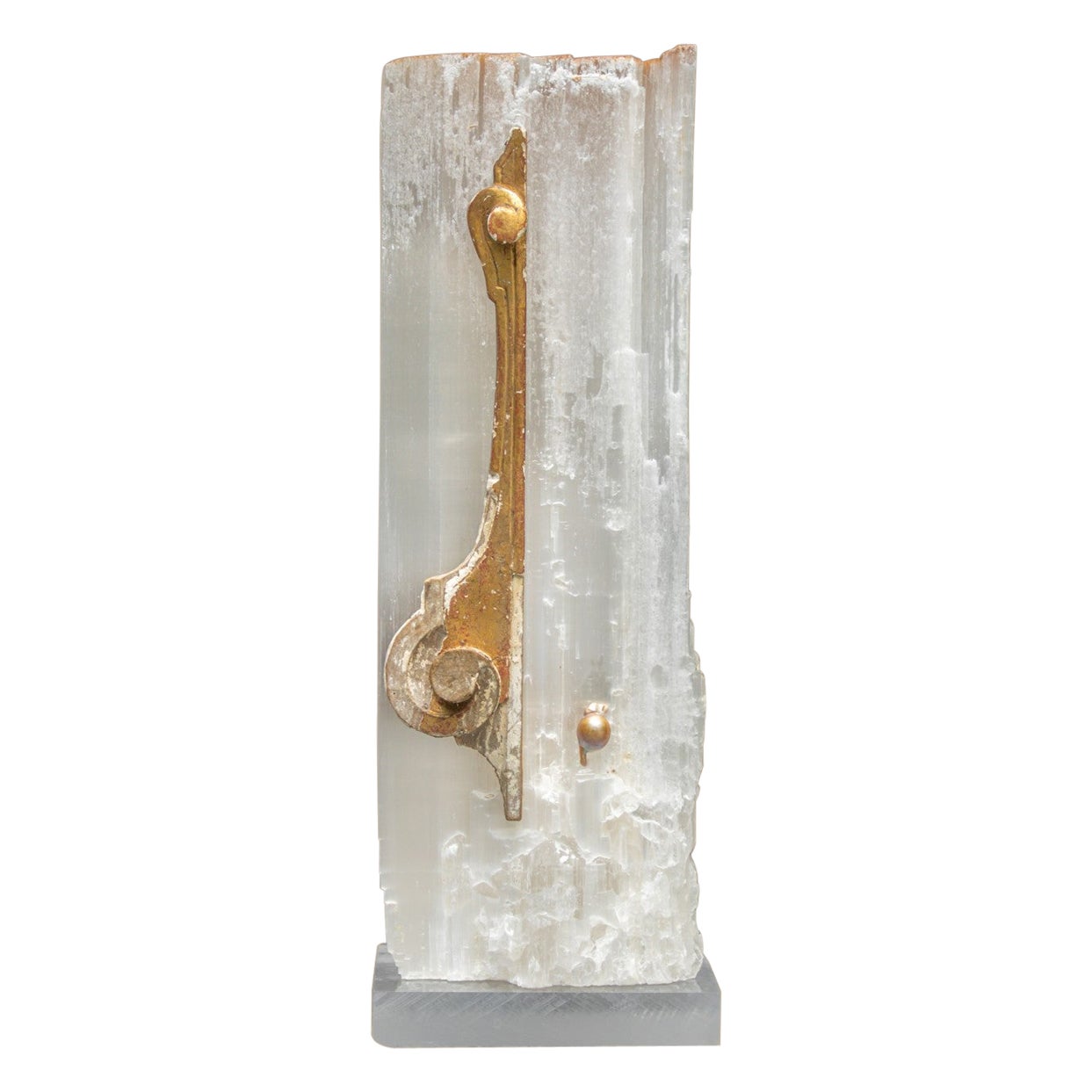 Ruler Selenite with an 18th Century Italian Fragment & Baroque Pearls on Lucite