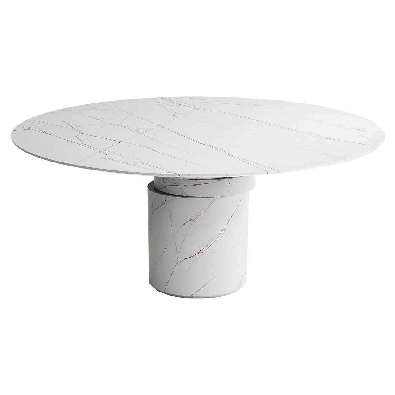 Contemporary round dining table, Sahara Blanc marble, shifting disc, Belgium For Sale