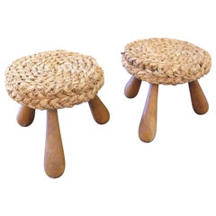 Pair of French Mid-Century Raffia Stools by Adrien Audoux and Frida Minet