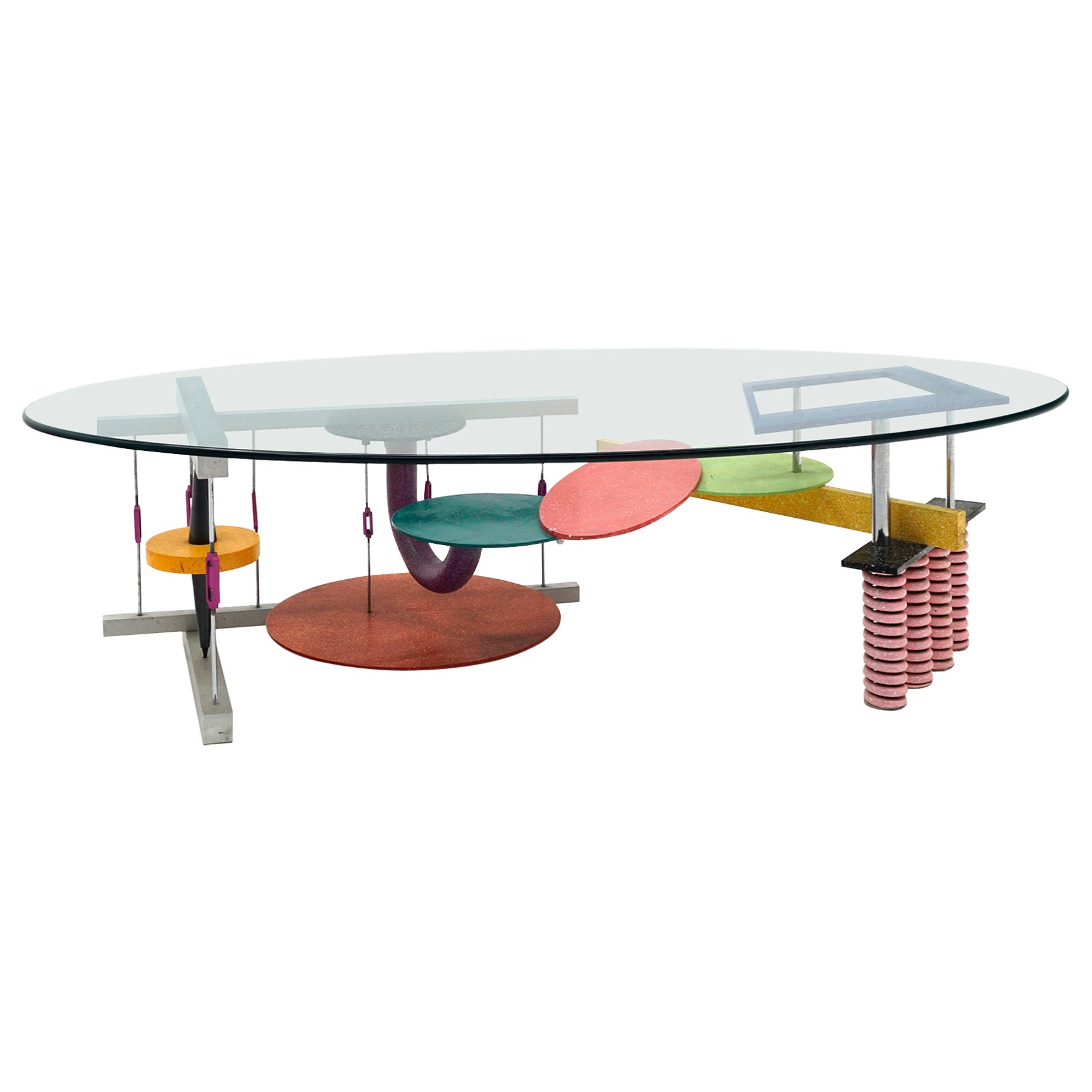 Peter Shire Coffee Table, Multi Color Steel & Aluminum with Oval Glass Top