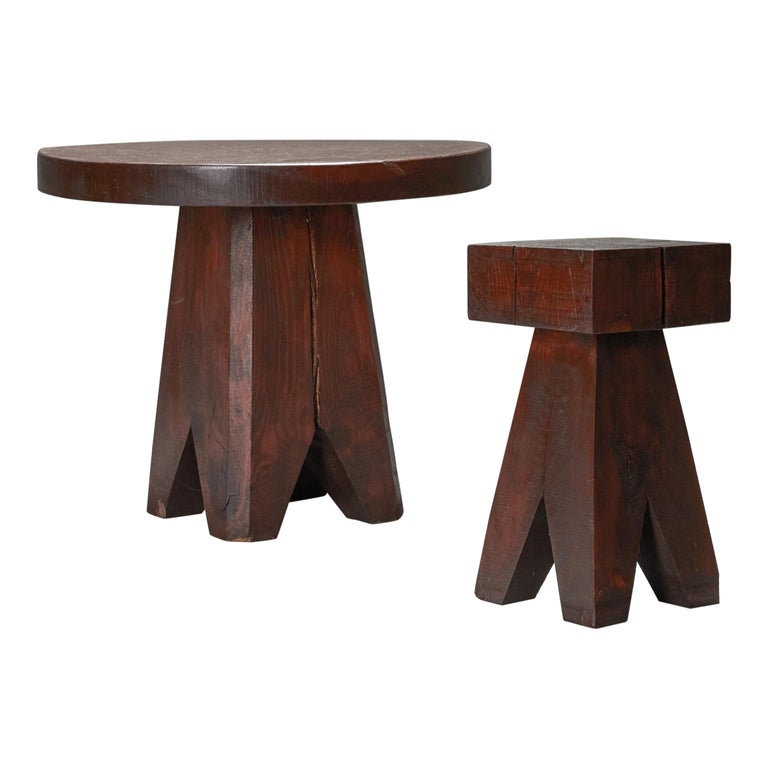 Brutalist Wooden Stool & Coffee Table, France, 1950s For Sale