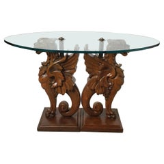 Circa 1900 Hand Carved Oak Griffin Glass Top Low Table, Cocktail Table