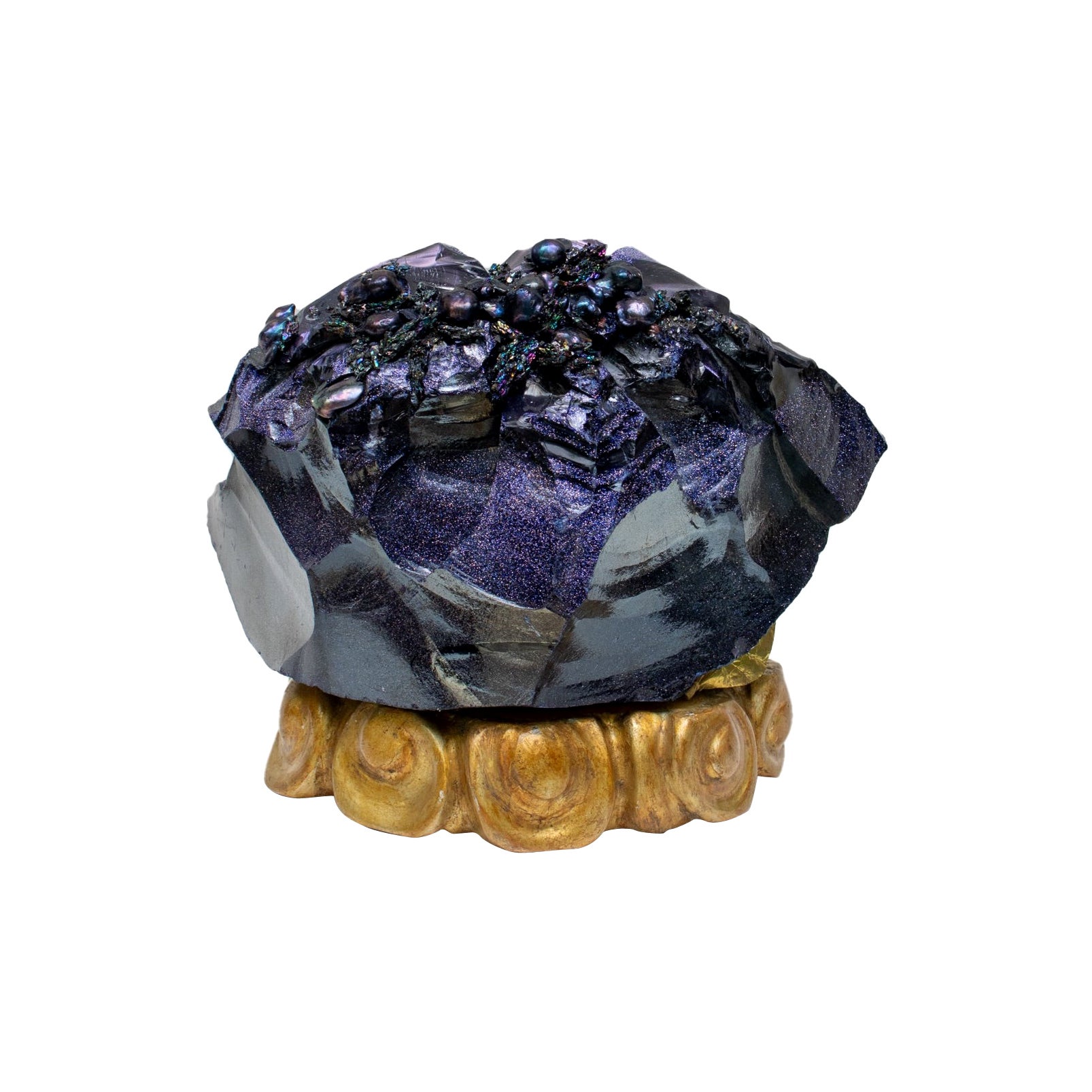 Blue Goldstone with Baroque Pearls on an 18th Century Italian Altar Base