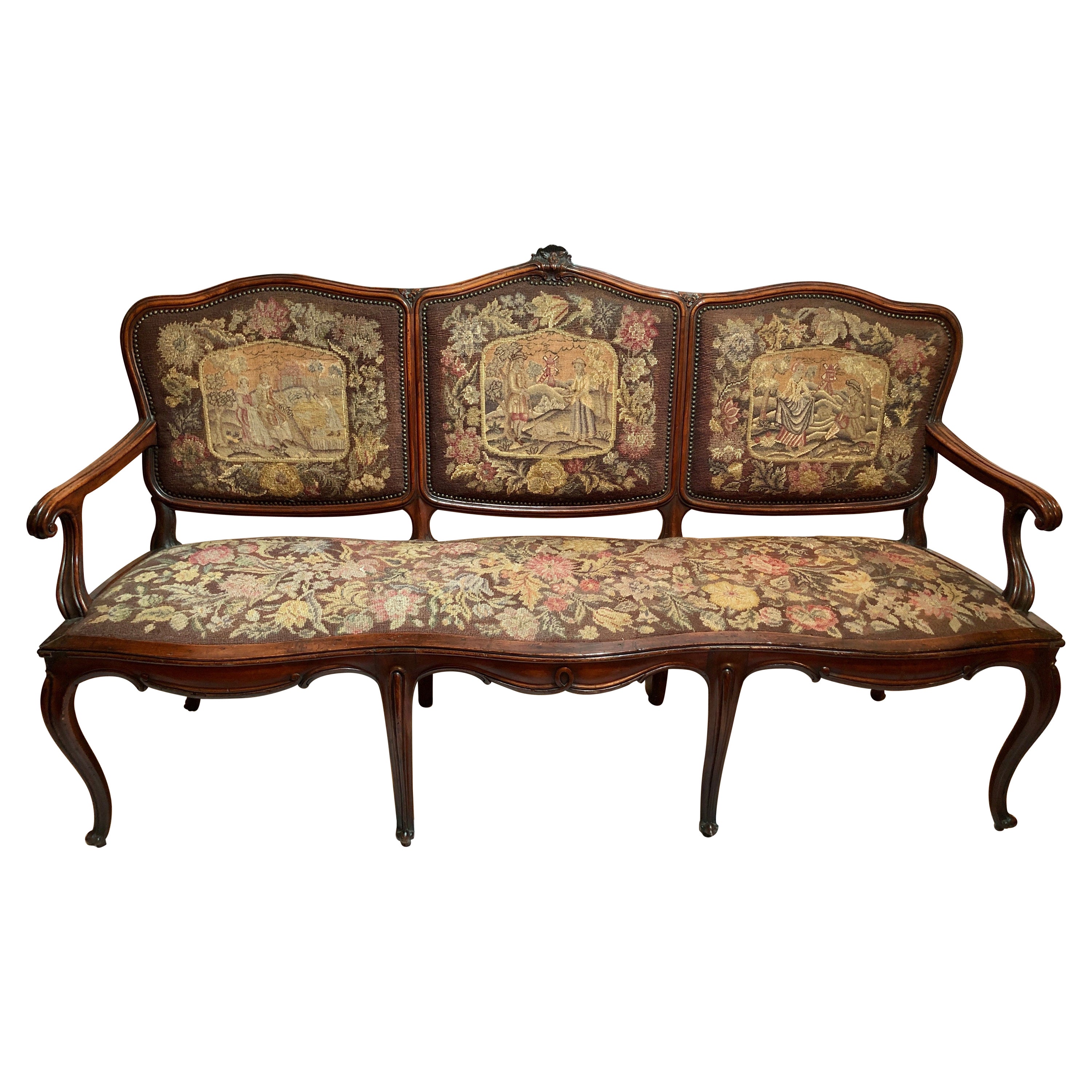 Antique 19th Century French Walnut Settee, Original Needlepoint & Petit Point For Sale