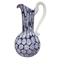 Vintage Fratelli Toso Murano Black Millefiori Flower Mosaic Italian Art Glass Pitcher