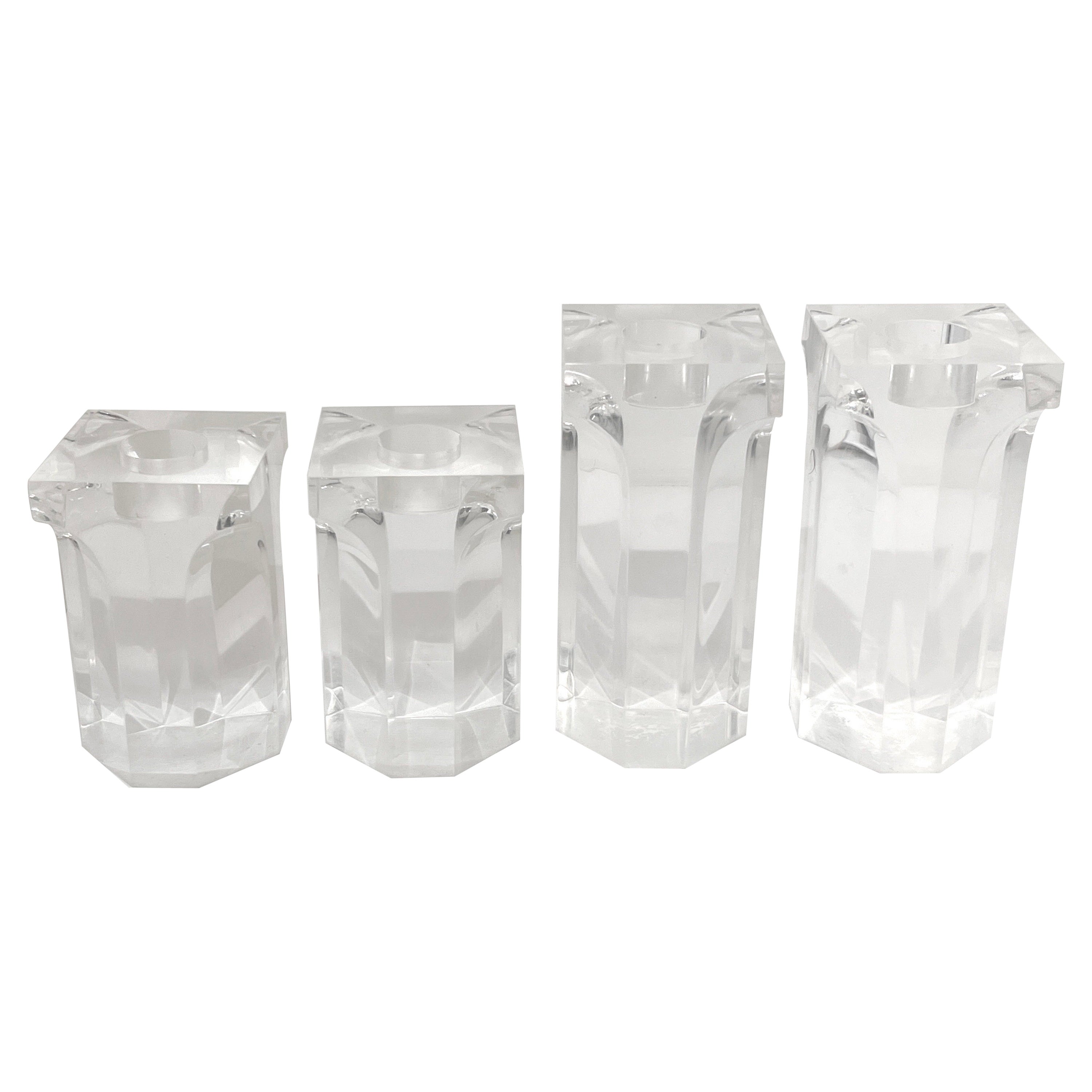 1970's Lucite Column Candle Holders in the Style of Charles Hollis Jones, Set/4 For Sale