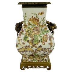 Castilian Porcelain Vase with Floral Design and Bronze Inlay 