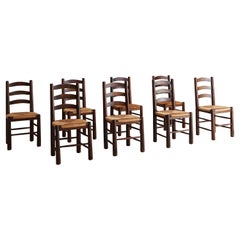 Set of 8 French Wood and Rush Dining Chairs by Georges Robert, 1960s