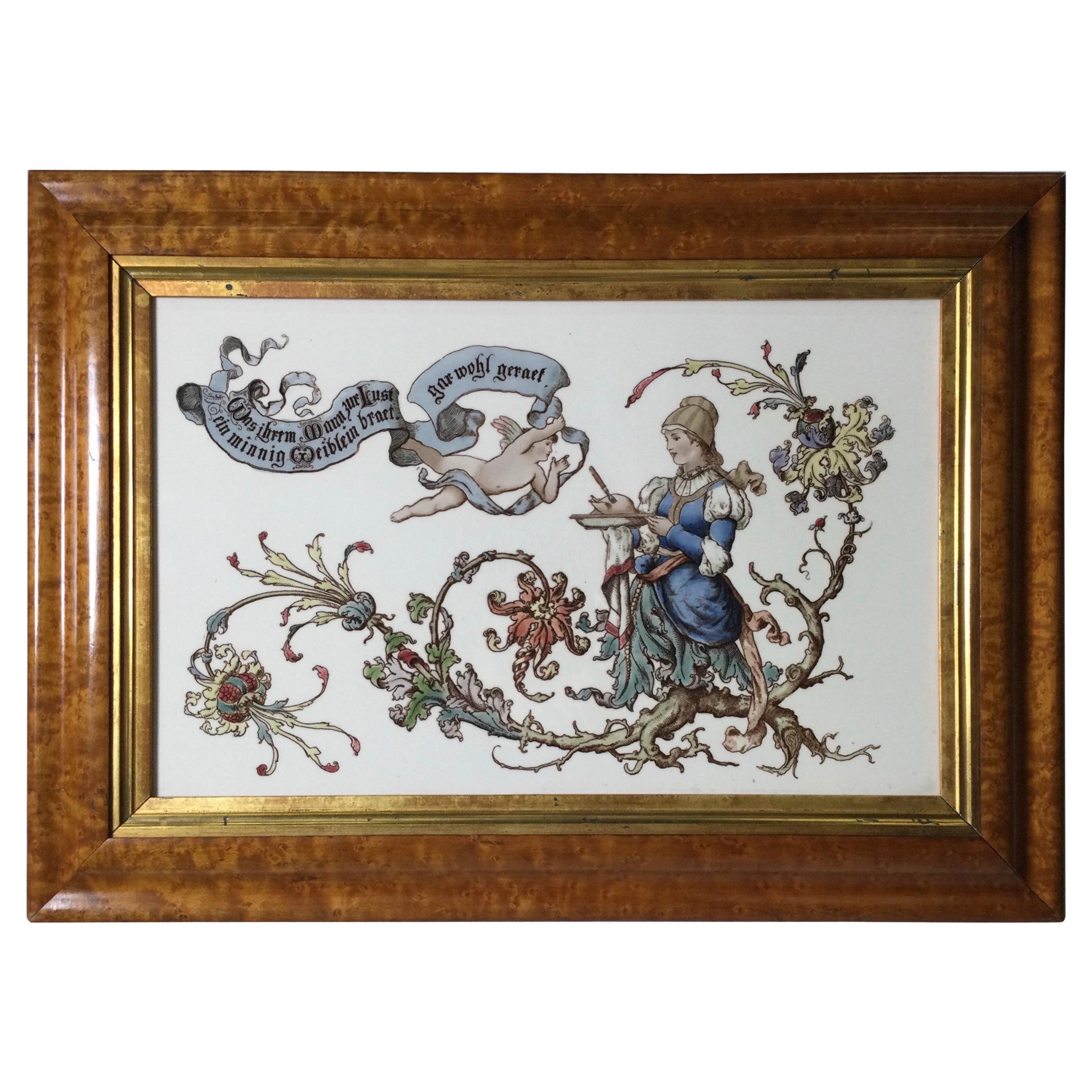 Austrian Painting on Porcelain Tile in Curly Maple Frame For Sale