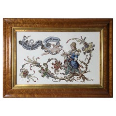 Antique Austrian Painting on Porcelain Tile in Curly Maple Frame