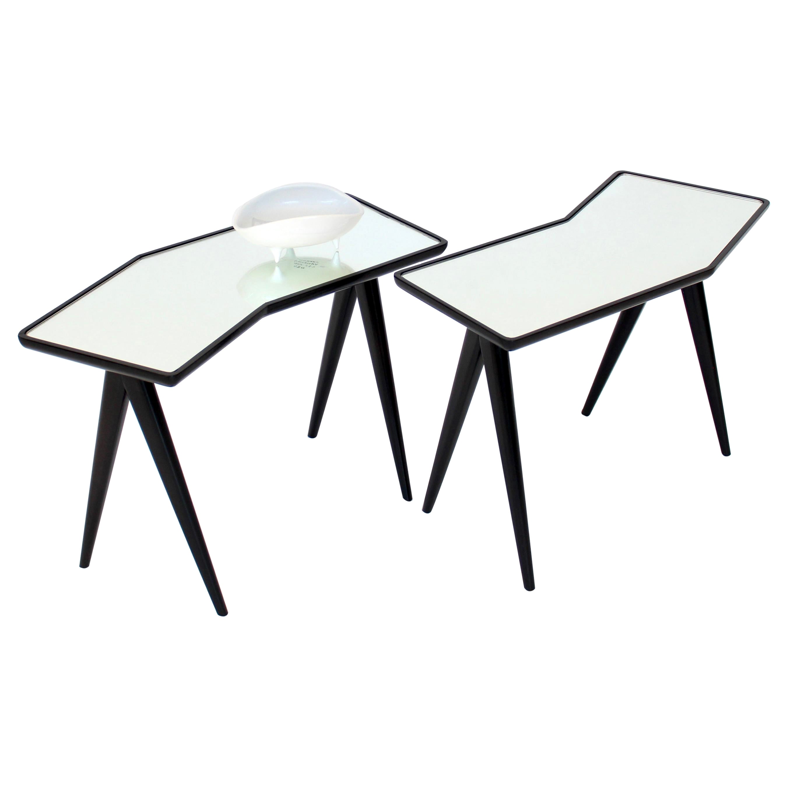 Gio Ponti Pair of Black Side Tables Mirrored Glass Tops Asymmetrical Forms