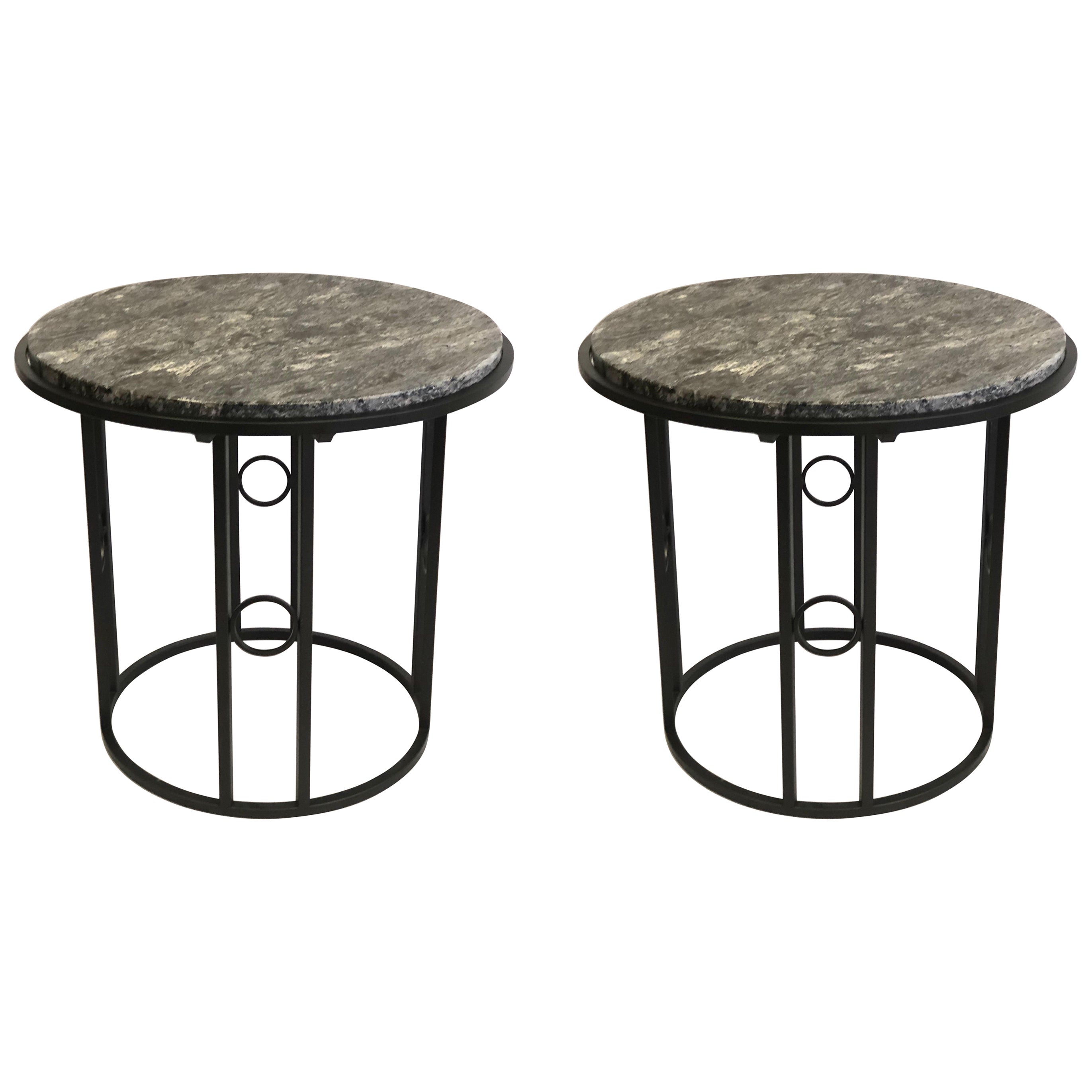 Pair Large French Modern Neoclassical / Art Deco Iron Side Tables w. Schist Tops