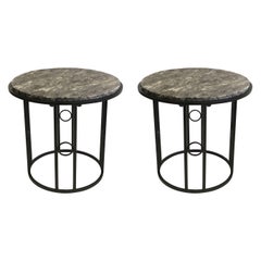 Pair Large French Modern Neoclassical / Art Deco Iron Side Tables w. Schist Tops