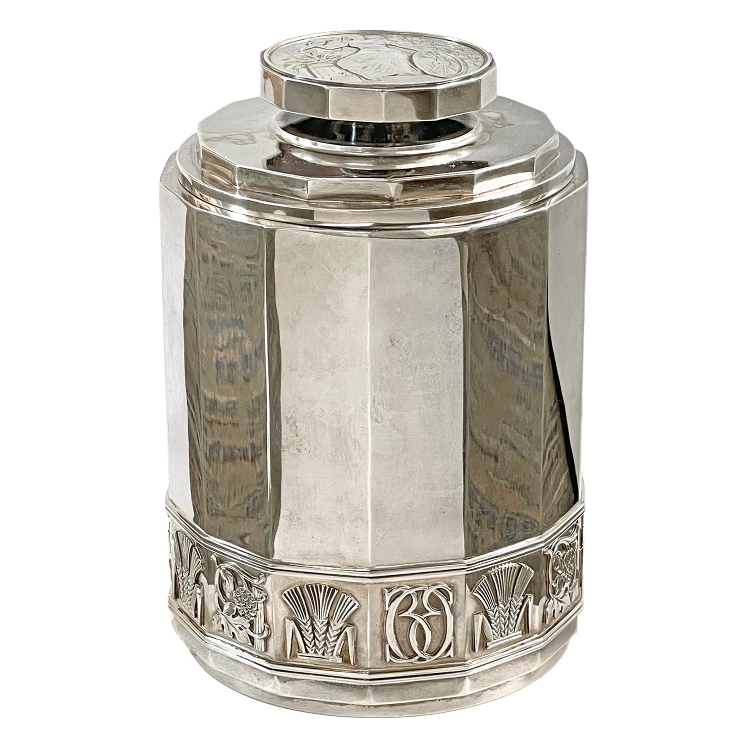 "Ceres, Wheat & Hops, " Extraordinary, Art Deco Sterling Silver Canister, Sweden