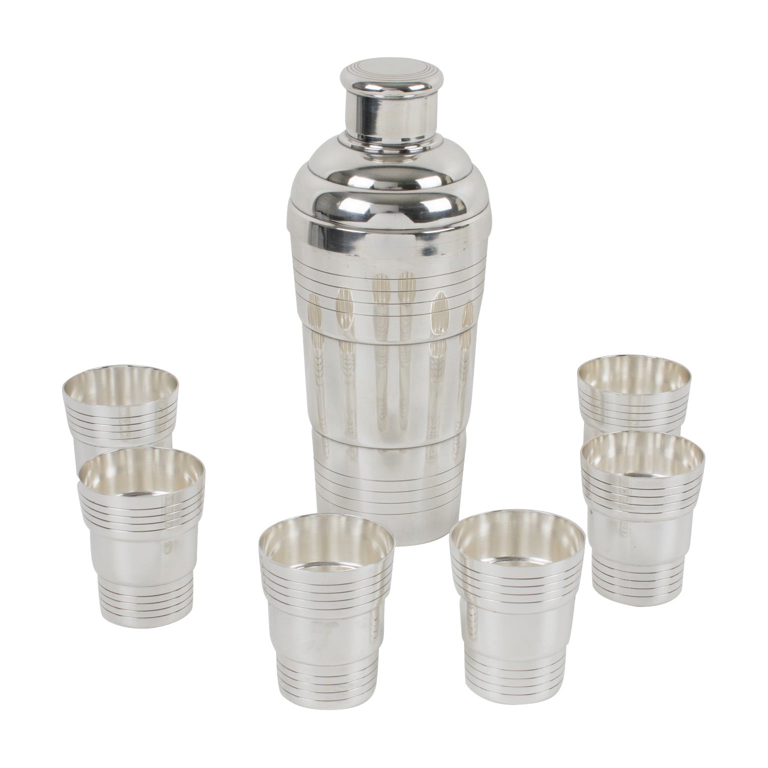 French Art Deco Barware Silver Plate  Cocktail Shaker and Six Cups