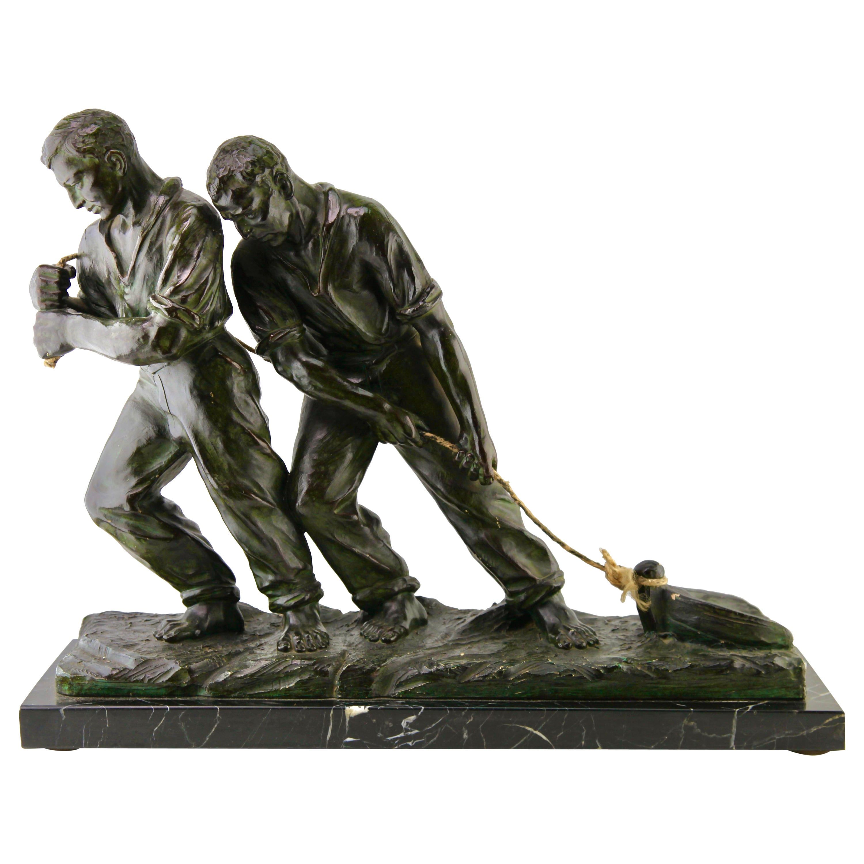 Art Deco Spelter Sculpture, Two Men Pulling a Boat from the Water Signed G Carli For Sale