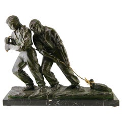 Art Deco Spelter Sculpture, Two Men Pulling a Boat from the Water Signed G Carli