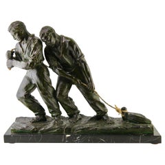 Antique Art Deco Spelter Sculpture, Two Men Pulling a Boat from the Water Signed G Carli