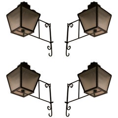 1970s Set of 4 Spanish Black Wrought Iron Wall Lanterns
