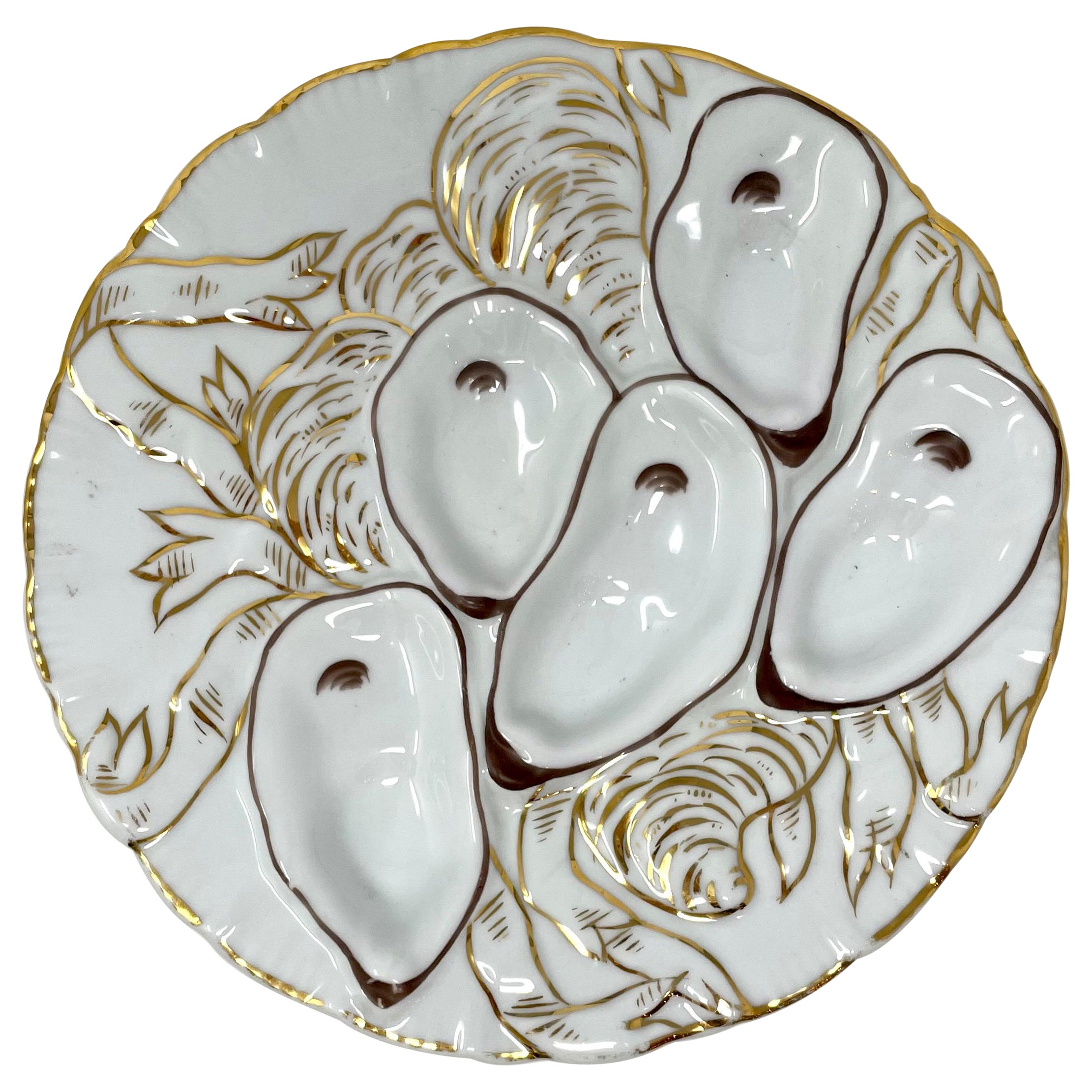 Antique German Hand-Painted Gold & White Porcelain Oyster Plate, Circa 1880's