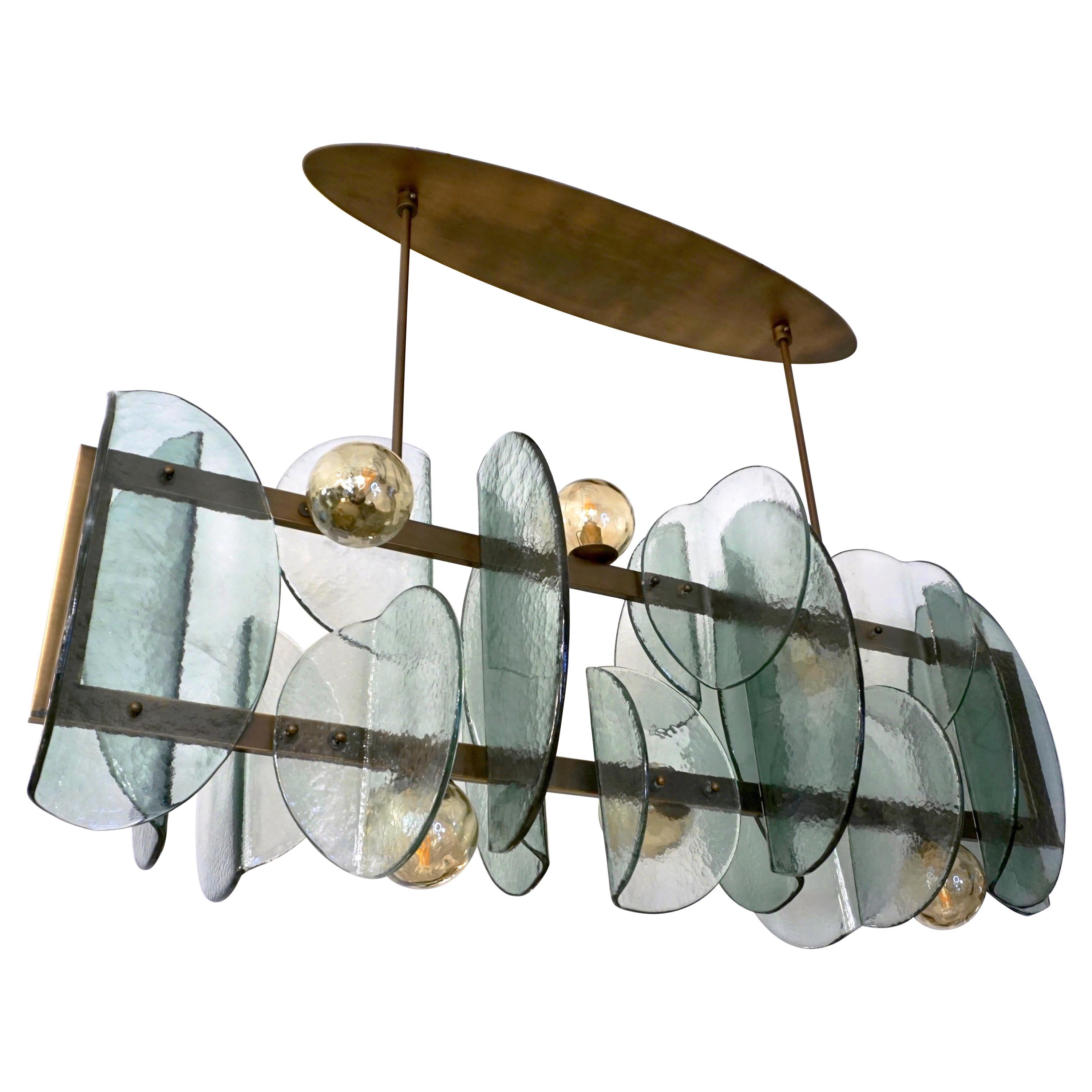 Italian Modern Fontana Arte Style Aqua Murano Glass Geometric Bronze Chandelier