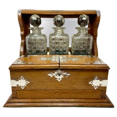 Antique English Sheffield Silver-Plate Mounted Oak Games Box Tantalus Circa 1880