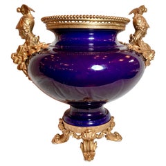 Vintage Estate French Classical Style Cobalt Porcelain & Bronze D' Ore Footed Jardiniere