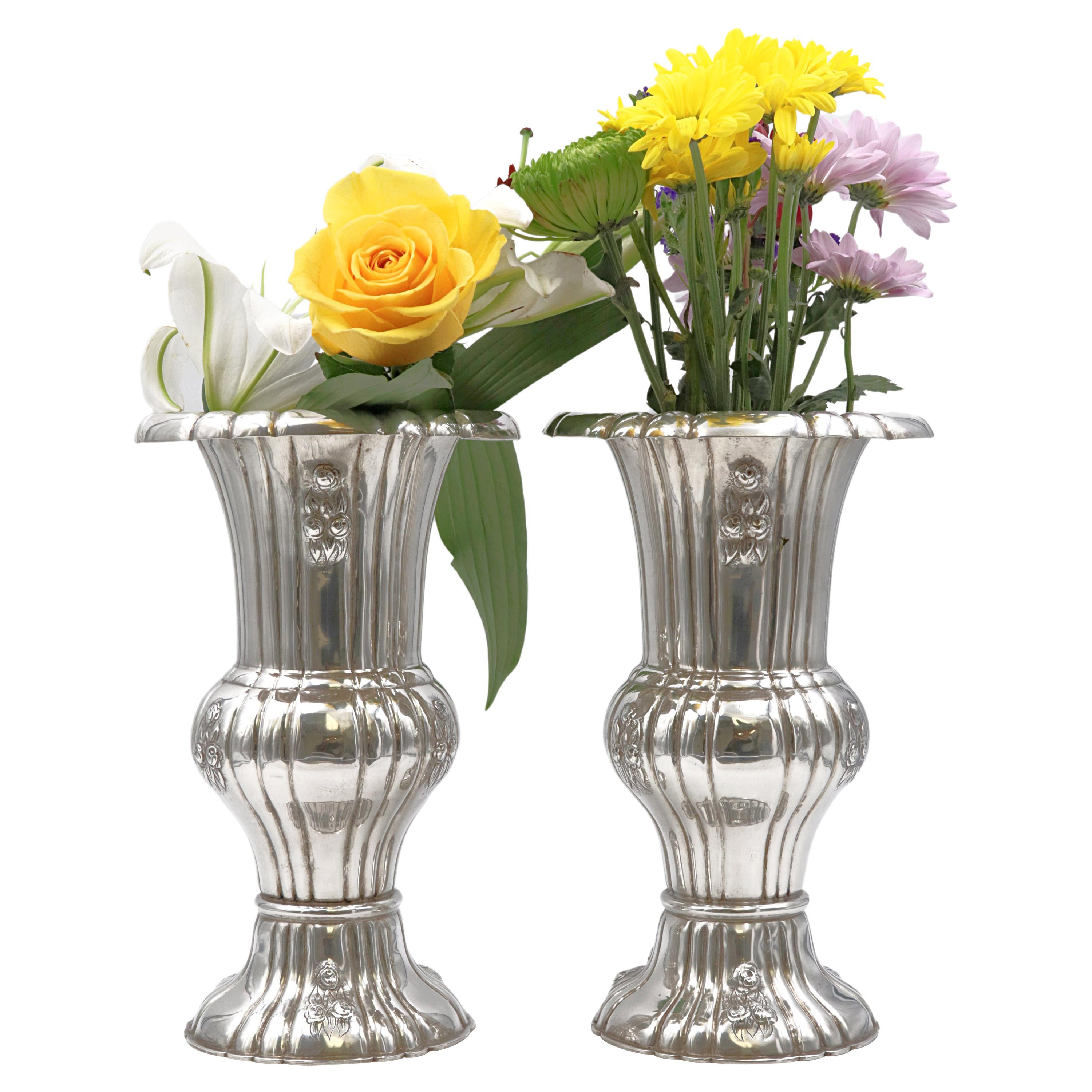 Pair of Austrian Continental Silver Vases For Sale