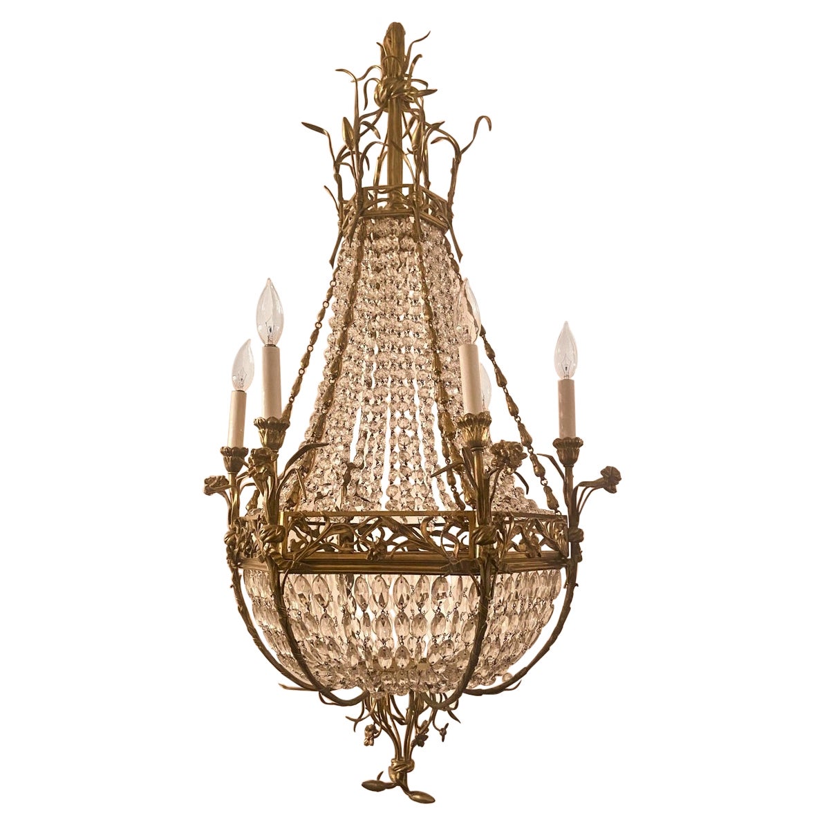 Antique French Art Nouveau Bronze D' Ore & Crystal Chandelier, Circa 1910-1920.