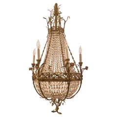 Antique French Art Nouveau Bronze D' Ore & Crystal Chandelier, Circa 1910-1920.