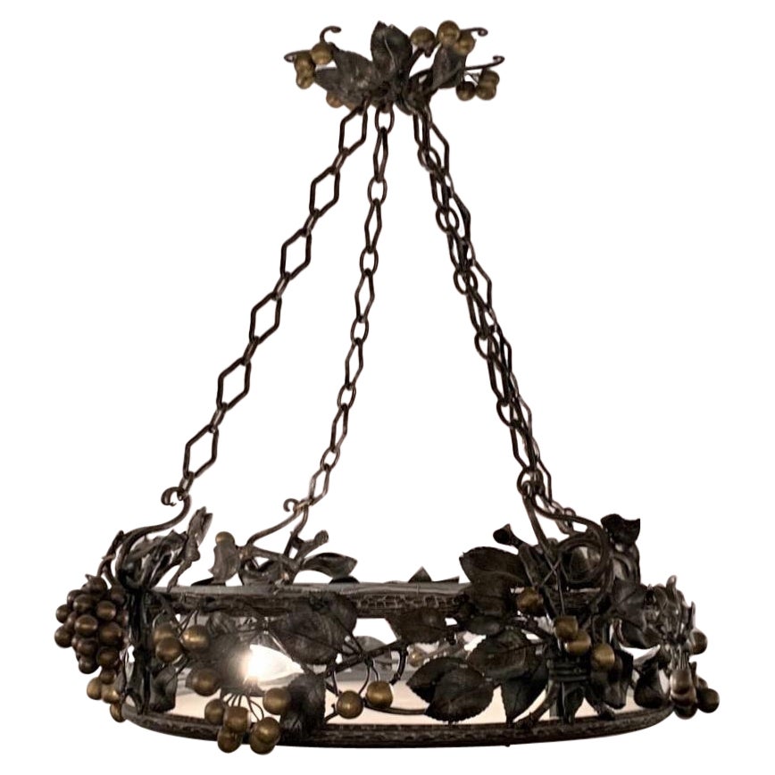 Antique French Wrought Iron & Glass Chandelier, Grapes & Pears Motif, Circa 1890