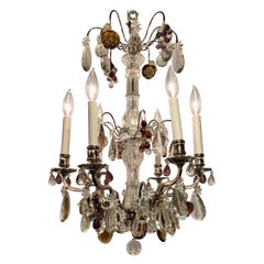 Antique French Silvered Bronze and Baccarat Crystal 6, Light Chandelier Ca 1920