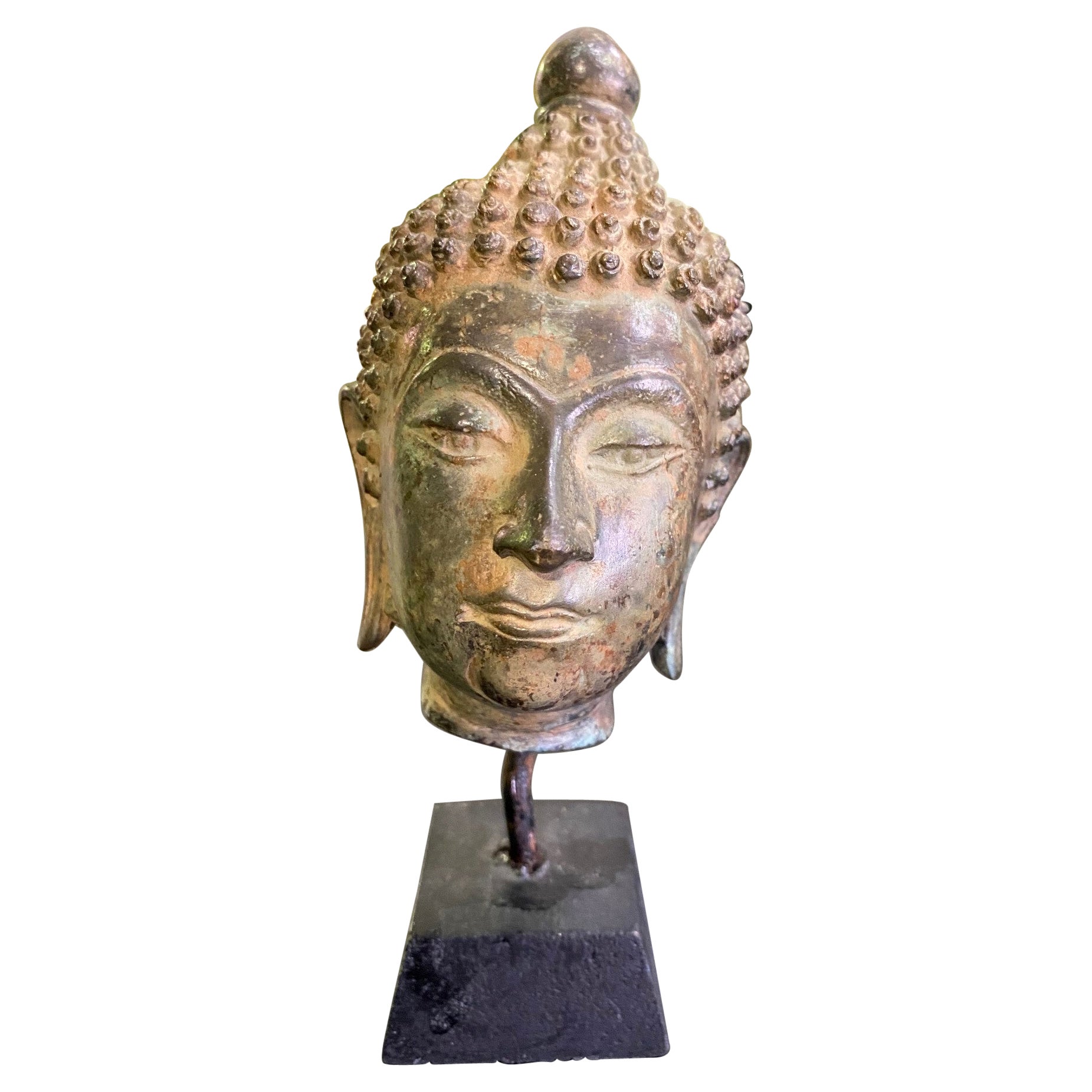 Bronze Thai Siam Asian Temple Shrine Buddha Head Sculpture on Wood Stand