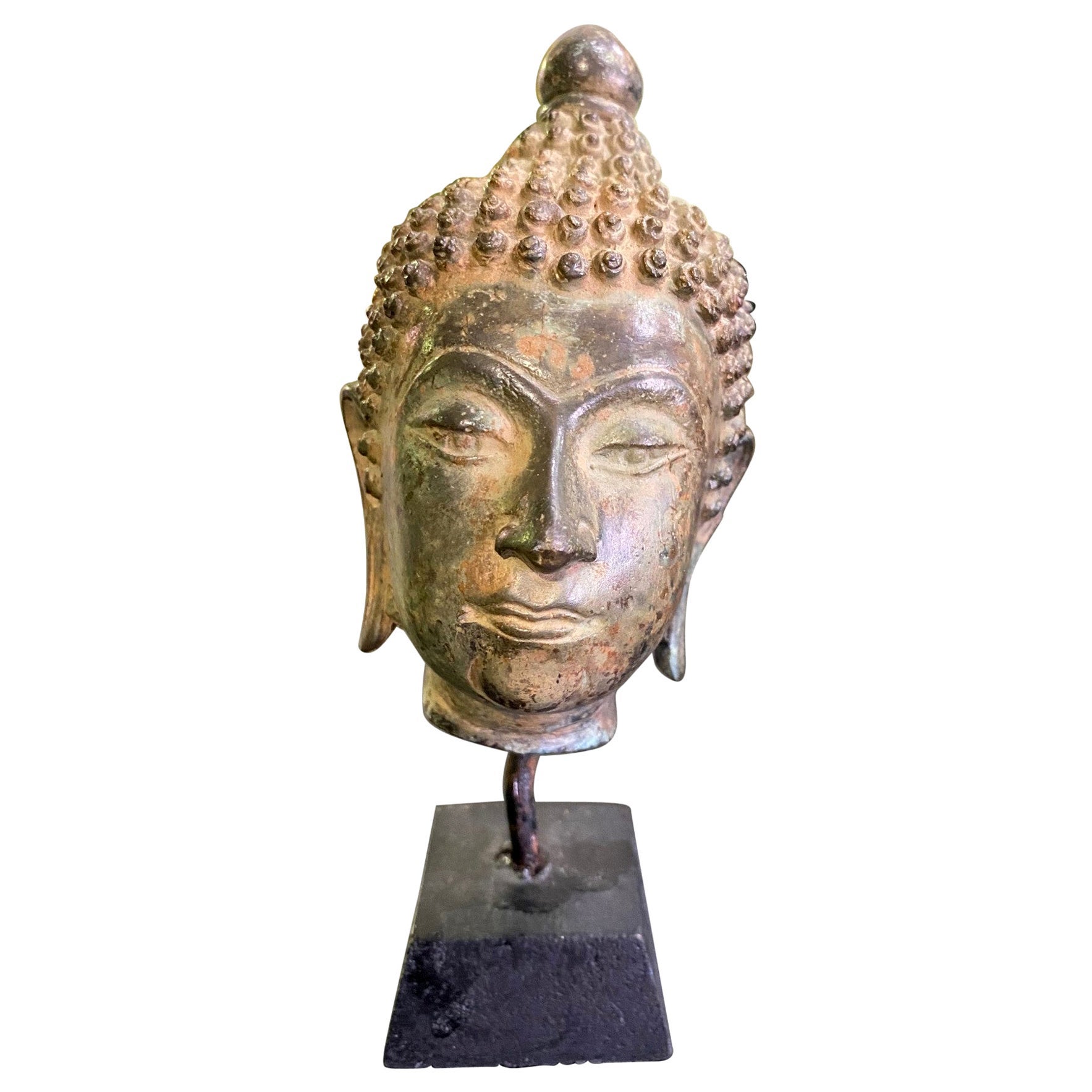 Bronze Thai Siam Asian Temple Shrine Buddha Head Sculpture on Wood Stand For Sale