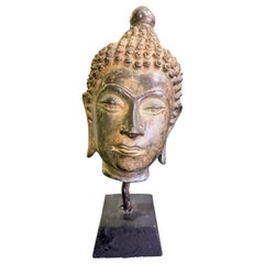 Used Bronze Thai Siam Asian Temple Shrine Buddha Head Sculpture on Wood Stand