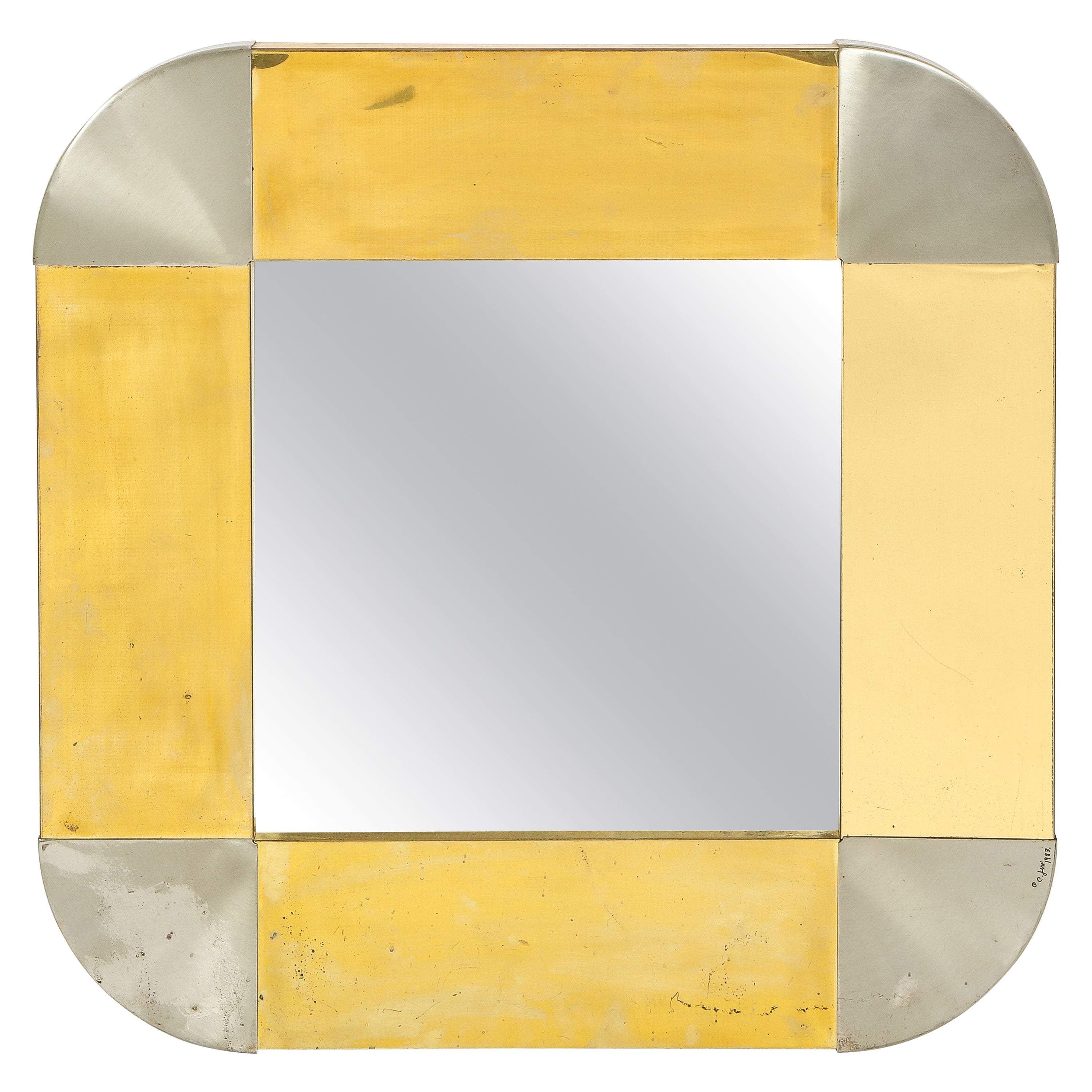 C. Jere Mixed Metal Brass and Steel Square Mirror, USA 1960's For Sale