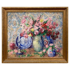 Large Antique Impressionist Floral Still Life Oil Painting Signed R.M. Pent